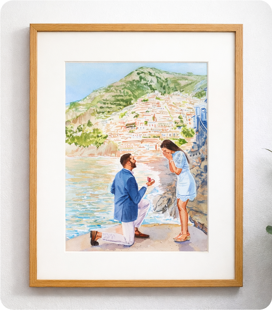 100% Hand-Painted Watercolor,Couple Proposal Portrait