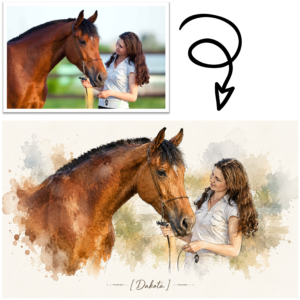 Horse lover gift featuring personalized framed watercolor horse wall art.