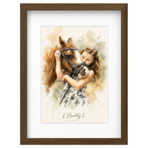 Custom horse portrait from photo framed in watercolor style with personalized horse name.