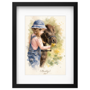 Horse lover gift featuring personalized framed watercolor horse wall art.