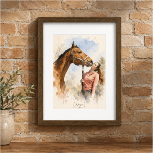 Watercolor horse portrait from photo with optional custom wording and frame color.