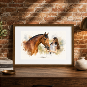 Custom horse portrait from photo framed in watercolor style with personalized horse name.