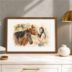 Custom horse portrait from photo framed in watercolor style with personalized horse name.