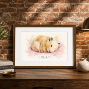 Custom pet portrait featuring a watercolor hamster